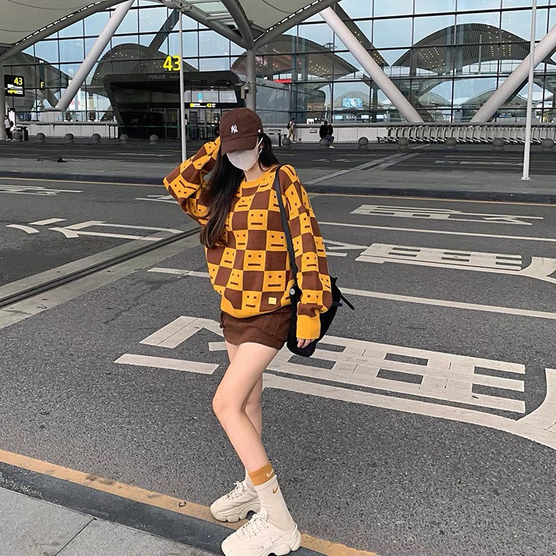 22S SACNE STUDIOS Checkerboard Square Smiley Crew Neck Sweater