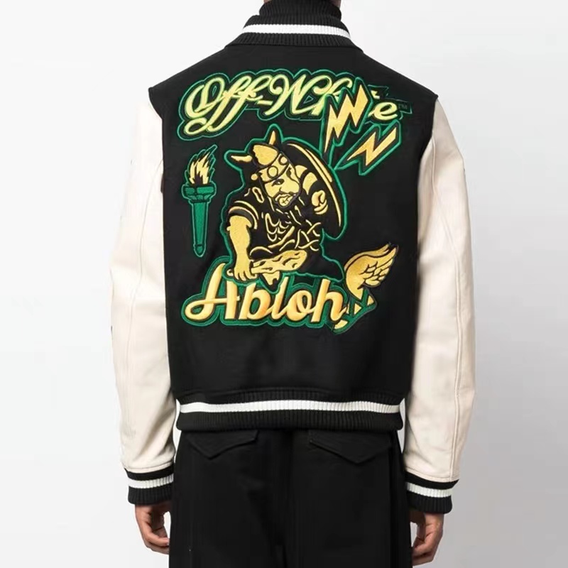 OW22FW multi-icon badge wool woolen stitching jacket thickened cotton baseball uniform jacket