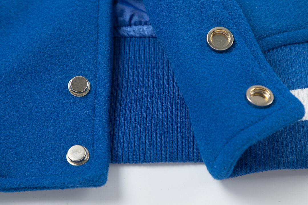 Off-White 2024 Fall/Winter new heavy embroidery rhinestone patchwork leather varsity jacket in blue, unisex