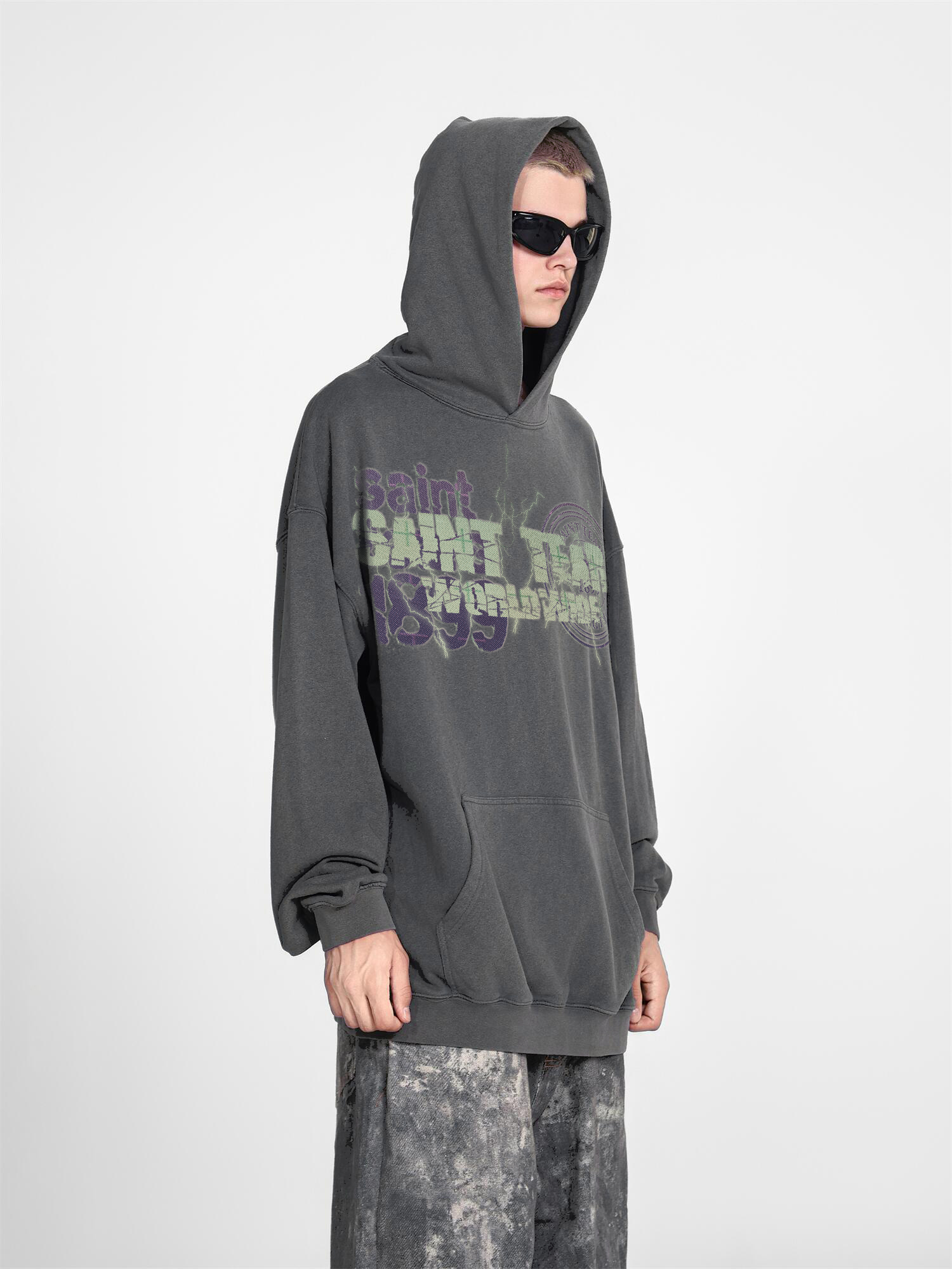 Saint Mich@el tears washed distressed salt-treated 400g heavy-weight vintage terry cloth hoodie in gray