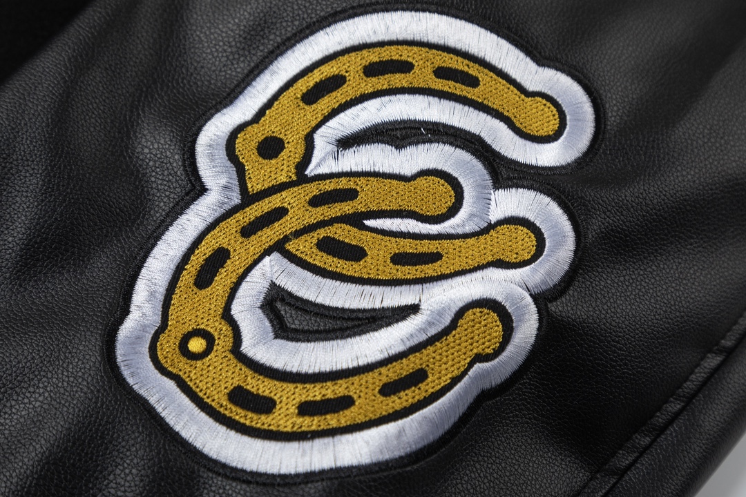 Off-White 2024 Fall/Winter new heavy embroidery rhinestone patchwork leather varsity jacket in black, unisex