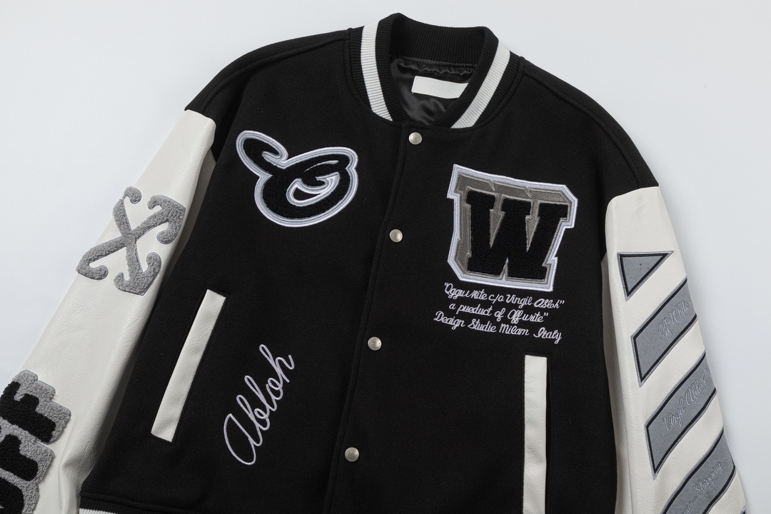 Off-White 2024 Fall/Winter new heavy embroidery patchwork leather varsity jacket in black, unisex