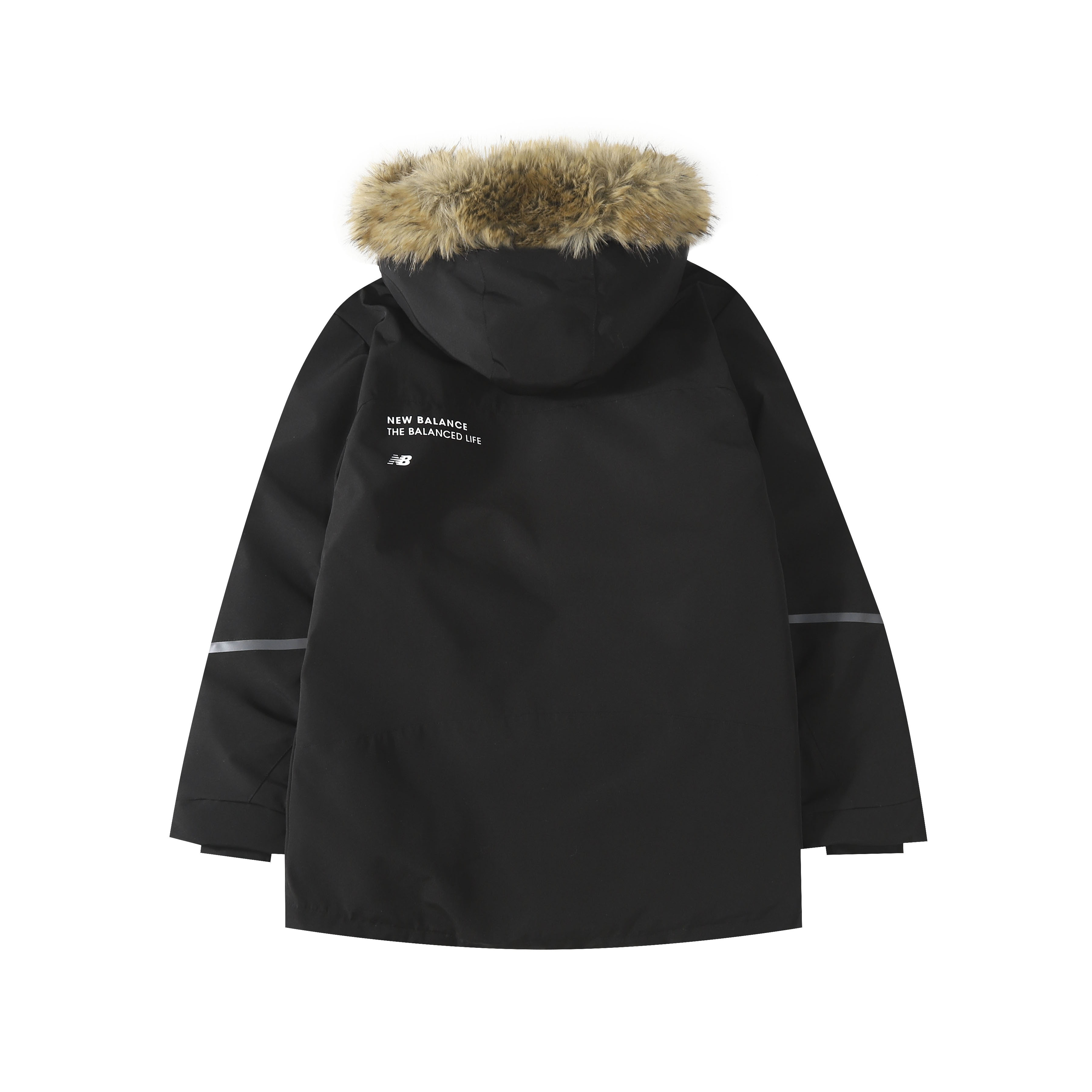 New Balance Solid-color Fur-trimmed Mid-length Hooded Down Jacket