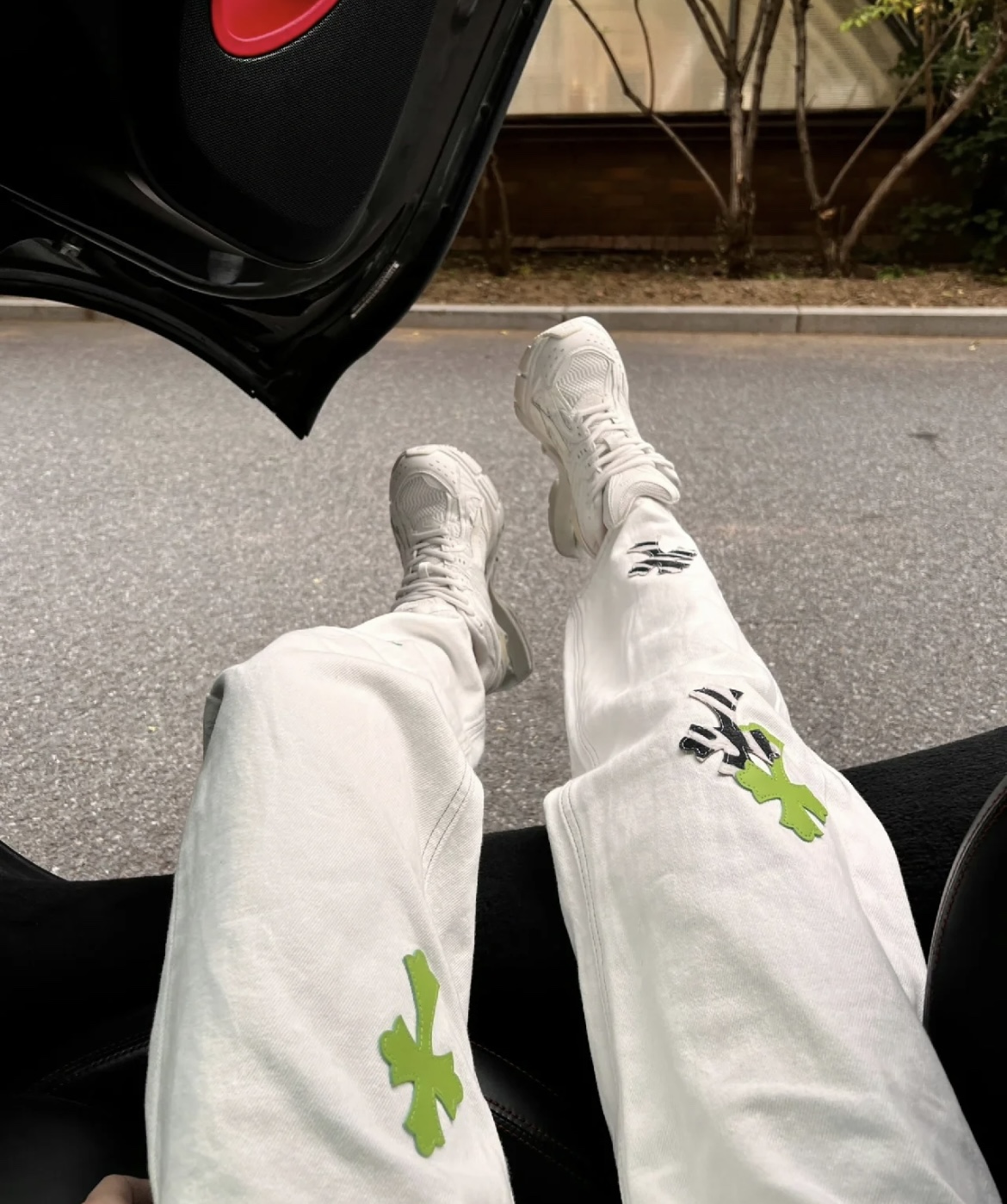 Chrome Hearts Green Zebra Print Croesses White Pants